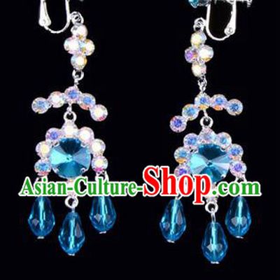 Chinese Ancient Peking Opera Head Accessories Young Lady Diva Colorful Crystal Blue Earrings, Traditional Chinese Beijing Opera Hua Tan Eardrop Ear Pendants