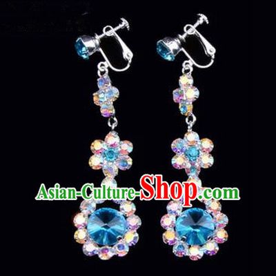 Chinese Ancient Peking Opera Head Accessories Young Lady Diva Colorful Crystal Blue Water Drop Earrings, Traditional Chinese Beijing Opera Hua Tan Eardrop Ear Pendants
