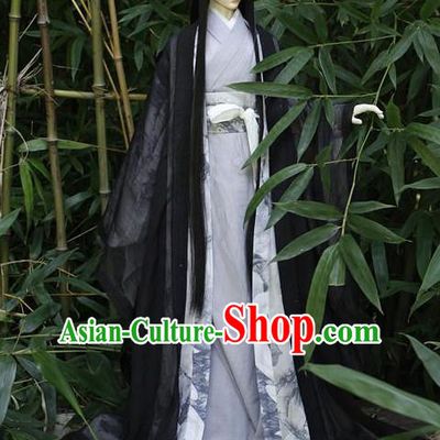 Top Grade Traditional China Ancient Cosplay Chivalrous Expert Costumes Wide Sleeve Cardigan, China Ancient Knight-Errant Black Clothing for Men for Kids