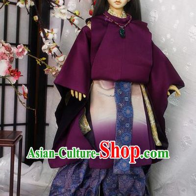 Top Grade Traditional Japan Crane Kimono Costumes Complete Set, Ancient Japanese Kimono Cosplay Purple Clothing for Men and Kids