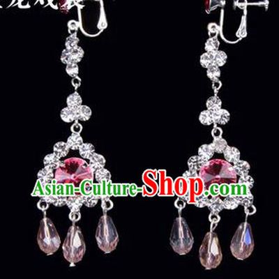 Chinese Ancient Peking Opera Head Accessories Young Lady Diva Colorful Crystal Pink Tassel Earrings, Traditional Chinese Beijing Opera Hua Tan Ear Pendants