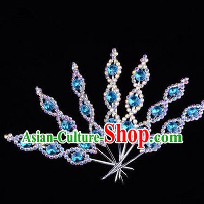 Chinese Ancient Peking Opera Head Accessories Young Lady Diva Crystal Headwear Blue Hairpins, Traditional Chinese Beijing Opera Hua Tan Head-ornaments