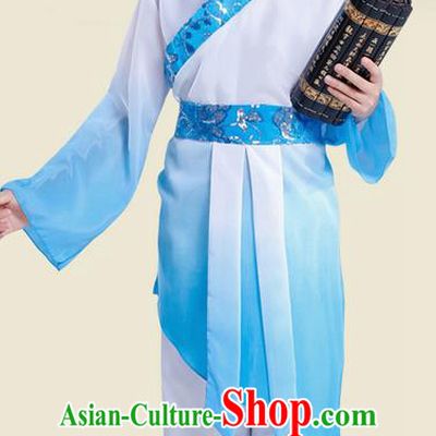 Top Grade Chinese Ancient Scholar Costume and Headwear Complete Set, Children Disciple Gauge Performance Blue Clothing for Kids