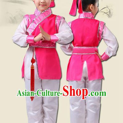 Top Grade Chinese Ancient Scholar Costume and Headwear Complete Set, Children Martial Arts Performance Pink Clothing for Kids