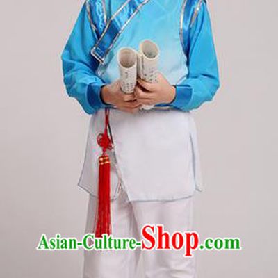 Top Grade Chinese Ancient Scholar Costume and Headwear Complete Set, Children Martial Arts Performance Blue Clothing for Kids