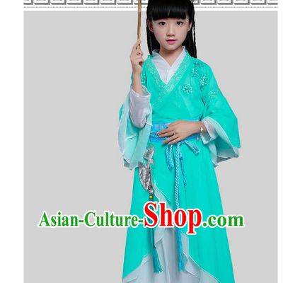 Top Grade Chinese Ancient Princess Costume, Children Peri Elegant Hanfu Dress Green Clothing for Kids
