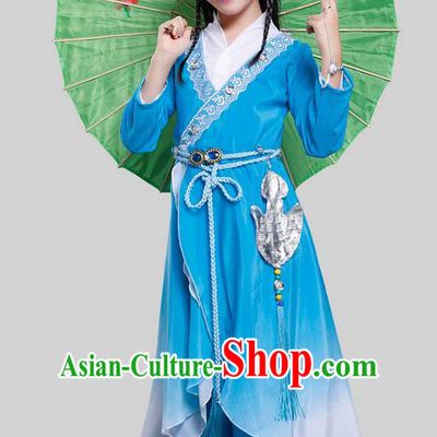 Top Grade Chinese Ancient Princess Costume, Children Peri Elegant Hanfu Dress Blue Clothing for Kids