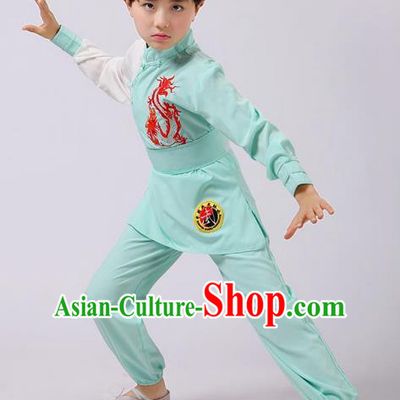 Top Grade Chinese Ancient Martial Arts Costume, Children Taiji Kung fu Green Clothing for Kids