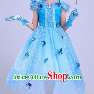 Top Grade Chinese Professional Performance Costume, Children Bubble Full Dress Modern Dance Blue Dress for Girls Kids
