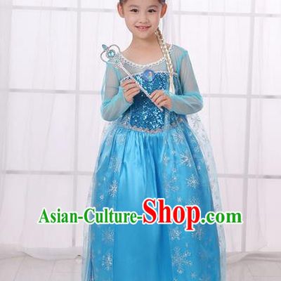 Top Grade Chinese Professional Halloween Performance Costume, Children Cosplay Princess Blue Bubble Dress for Kids