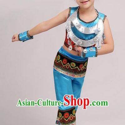 Top Grade Chinese Miao Nationality Little Girls Costume, Children Hmong Dance Blue Clothing for Kids
