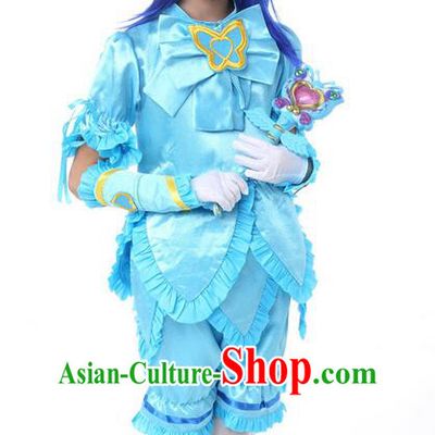 Top Grade Chinese Professional Halloween Performance Little Fairy Costume Complete Set, Children Cosplay Princess Blue Bubble Dress for Kids