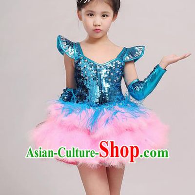 Top Grade Chinese Professional Performance Jazz Dance Costume, Children Modern Dance Feather Blue Bubble Dress for Kids