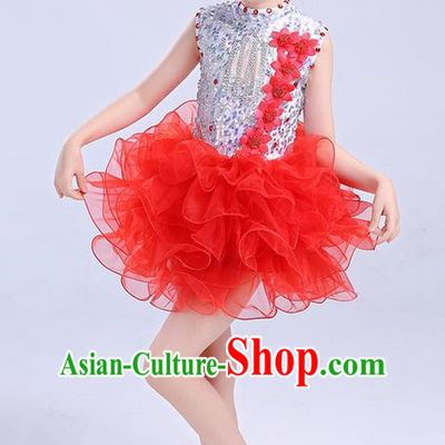 Top Grade Chinese Professional Performance Jazz Dance Costume, Children Modern Dance Red Bubble Dress for Kids