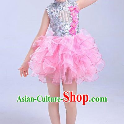 Top Grade Chinese Professional Performance Jazz Dance Costume, Children Modern Dance Pink Bubble Dress for Kids