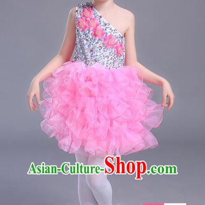 Top Grade Chinese Professional Performance Jazz Dance Costume, Children Modern Dance One-shoulder Pink Bubble Dress for Kids