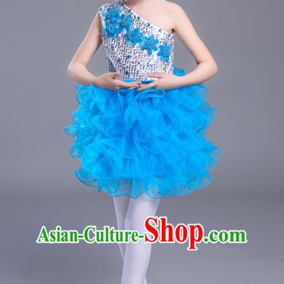 Top Grade Chinese Professional Performance Jazz Dance Costume, Children Modern Dance One-shoulder Blue Bubble Dress for Kids