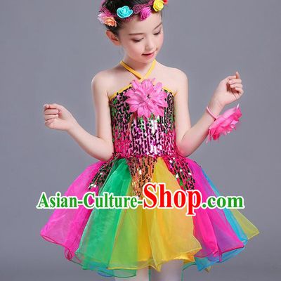 Top Grade Chinese Professional Performance Costume, Children Bubble Full Dress Modern Dance Paillette Dress for Girls Kids