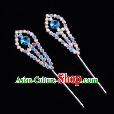 Chinese Ancient Peking Opera Head Accessories Young Lady Diva Colorful Crystal Headwear Blue Hairpins, Traditional Chinese Beijing Opera Hua Tan Head-ornaments