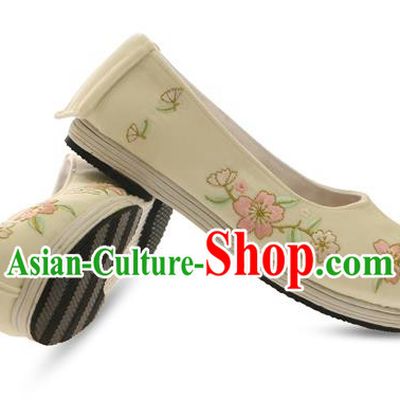 Chinese Ancient Peking Opera Young Lady Shoes, Traditional Chinese Beijing Opera Ancient Princess Hanfu Cloth Beige Shoes for Women