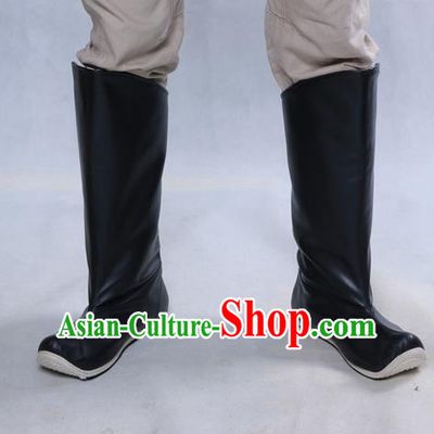 Chinese Ancient Peking Opera Officer Boots, Traditional Chinese Ancient Ming Dynasty Hanfu Leather Shoes Black Boots for Men