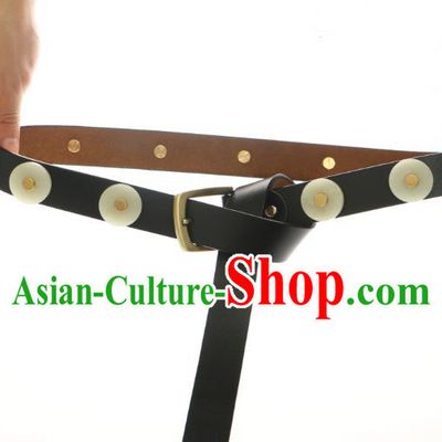 Chinese Ancient Peking Opera Leather Belts, Traditional Chinese Ancient Ming Dynasty Hanfu Jade Waistband for Men