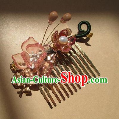 Chinese Ancient Handmade Jewelry Accessories Pink Flowers Hairpins, Traditional Chinese Ancient Hanfu Hair Stick Combs for Women