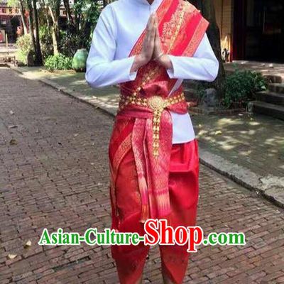 Traditional Thailand Ancient Handmade Male Costumes, Traditional Thai Uniform China Dai Nationality Red Clothing for Men