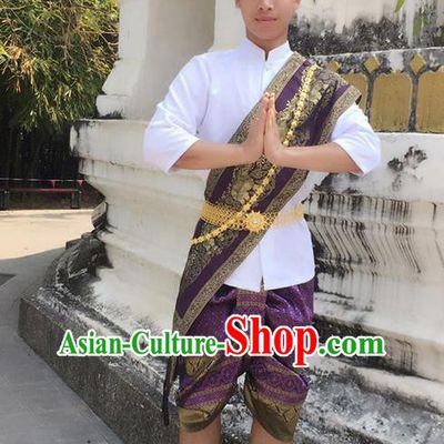 Traditional Thailand Ancient Handmade Male Costumes, Traditional Thai Uniform China Dai Nationality Purple Clothing for Men