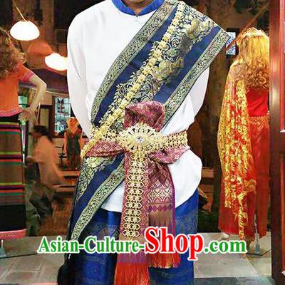 Traditional Thailand Ancient Handmade Male Costumes and Accessories, Traditional Thai Uniform China Dai Nationality Dark Blue Clothing for Men
