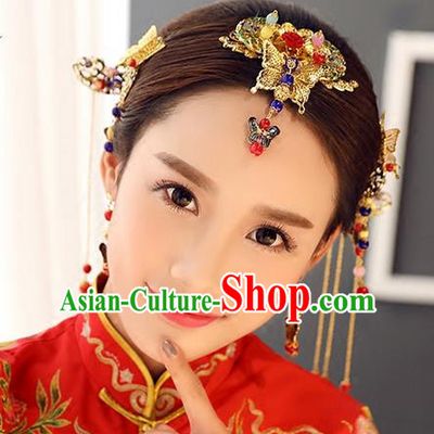 Top Grade Chinese Handmade Wedding Hair Accessories, Traditional China Xiuhe Suit Phoenix Coronet Bride Headwear Hairpins Complete Set for Women