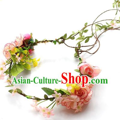 Top Grade Handmade Wedding Bride Headband, Traditional Princess Pink Flower Hair Clasp Wedding Headwear for Women