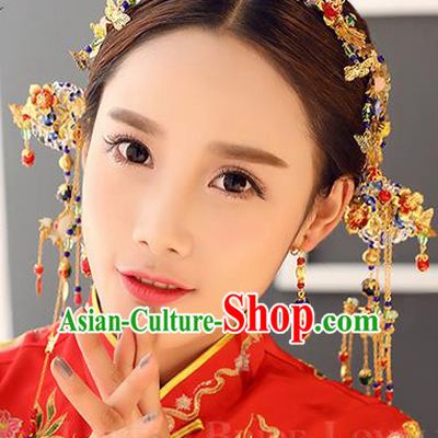Top Grade Chinese Handmade Wedding Jade Hair Accessories and Earrings, Traditional China Xiuhe Suit Phoenix Coronet Bride Headwear Hairpins Complete Set for Women