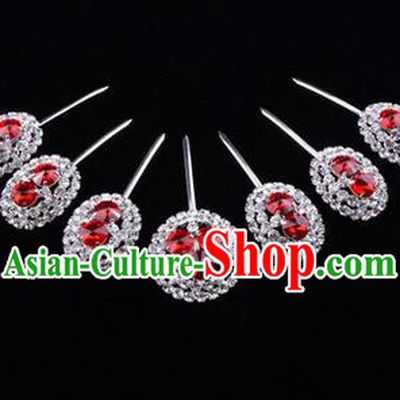 Chinese Ancient Peking Opera Head Accessories Young Lady Diva Crystal Red Hairpins Complete Set, Traditional Chinese Beijing Opera Hua Tan Hair Clasp Head-ornaments