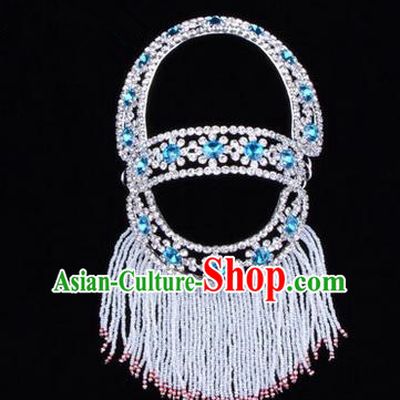 Chinese Ancient Peking Opera Head Accessories Young Lady Diva Blue Hairpins Back Temples Curtain, Traditional Chinese Beijing Opera Hua Tan Hair Clasp Head-ornaments
