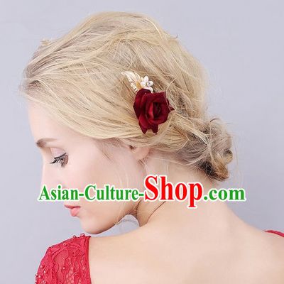 Top Grade Handmade Wedding Bride Hair Accessories Red Rose Hair Stick, Traditional Princess Wedding Headwear Hairpins for Women