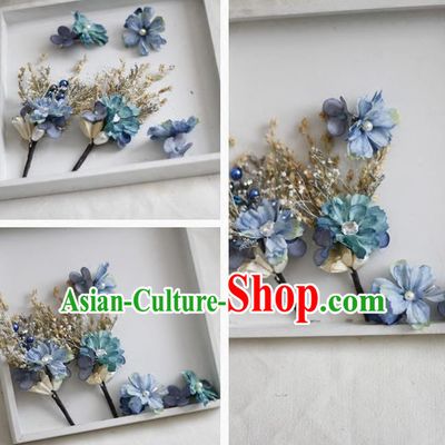 Top Grade Handmade Wedding Bride Hair Accessories Blue Flowers Headwear Complete Set, Traditional Princess Baroque Headpiece for Women