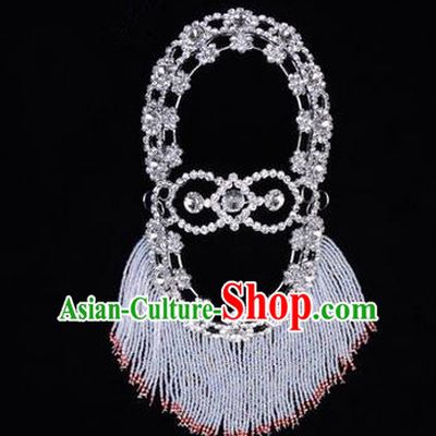Chinese Ancient Peking Opera Head Accessories Young Lady Diva White Crystal Hairpins Back Temples Curtain, Traditional Chinese Beijing Opera Hua Tan Hair Clasp Head-ornaments