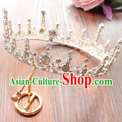 Top Grade Handmade Wedding Bride Hair Accessories Round Opal Crown, Traditional Baroque Princess Crystal Royal Crown Wedding Headpiece for Women