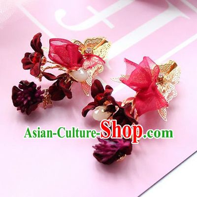 Top Grade Handmade Wedding Bride Hair Accessories Red Flower Headwear, Traditional Princess Baroque Hair Clips for Women