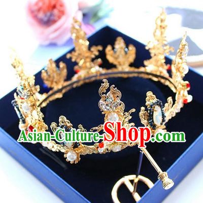 Top Grade Handmade Wedding Bride Hair Accessories Luxury Queen Golden Crown, Traditional Baroque Princess Crystal Royal Crown Wedding Headpiece for Women