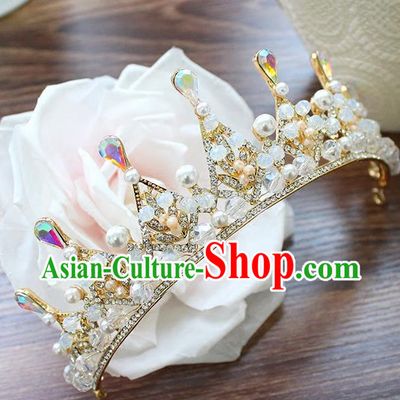 Top Grade Handmade Wedding Bride Hair Accessories Luxury Queen Pearl Crown, Traditional Baroque Princess Crystal Royal Crown Wedding Headpiece for Women