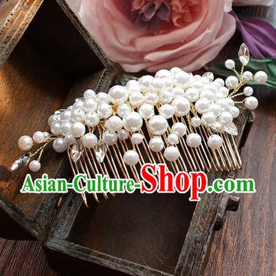 Top Grade Handmade Wedding Bride Hair Accessories Headwear, Traditional Princess Baroque Pearl Hair Comb Headpiece for Women