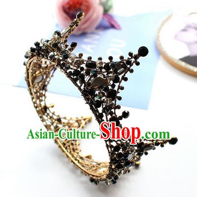 Top Grade Handmade Wedding Bride Hair Accessories Headwear, Traditional Princess Baroque Black Crystal Royal Crown Wedding Headpiece for Women