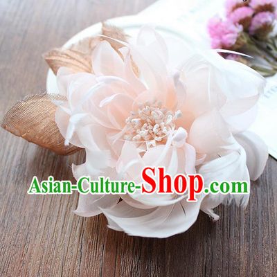 Top Grade Handmade Wedding Bride Hair Accessories Headwear, Traditional Princess Baroque Feather Pink Flower Hairpin Wedding Headpiece for Women