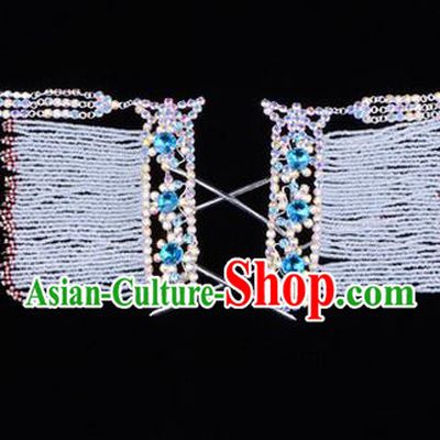 Chinese Ancient Peking Opera Head Accessories Young Lady Diva Blue Crystal Tassel Hairpins Temples Curtain, Traditional Chinese Beijing Opera Hua Tan Hair Clasp Head-ornaments