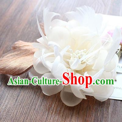 Top Grade Handmade Wedding Bride Hair Accessories Headwear, Traditional Princess Baroque Feather White Flower Hairpin Wedding Headpiece for Women