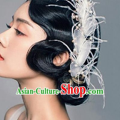 Top Grade Handmade Wedding Bride Hair Accessories Headwear, Traditional Princess Baroque Feather Hair Clasp Headpiece for Women