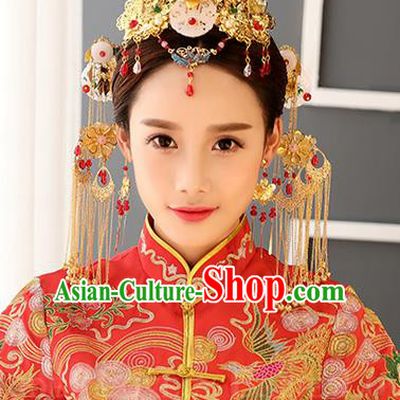 Top Grade Chinese Handmade Wedding Hair Accessories, Traditional China Xiuhe Suit Phoenix Coronet Bride Tassel Headwear Hairpins Complete Set for Women