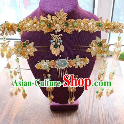 Top Grade Chinese Handmade Wedding Hair Accessories, Traditional China Xiuhe Suit Phoenix Coronet Bride Headwear Hairpins Complete Set for Women
